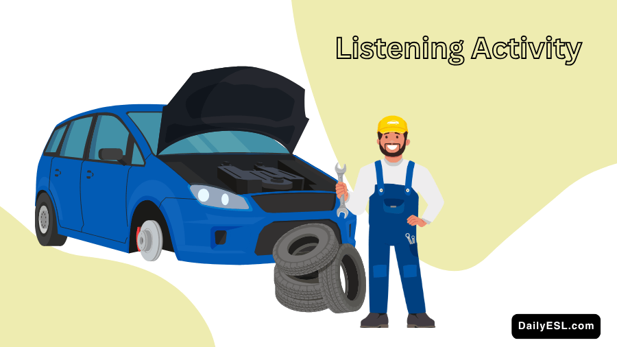 A mechanic with a wrench standing by a car that is being repaired. There is also a pile of tires.