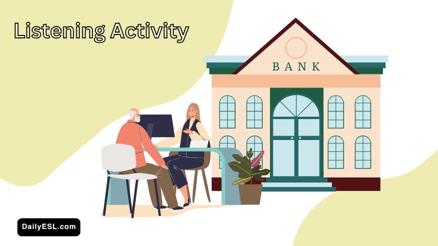 A banker helping a man at a desk with a bank building behind them.