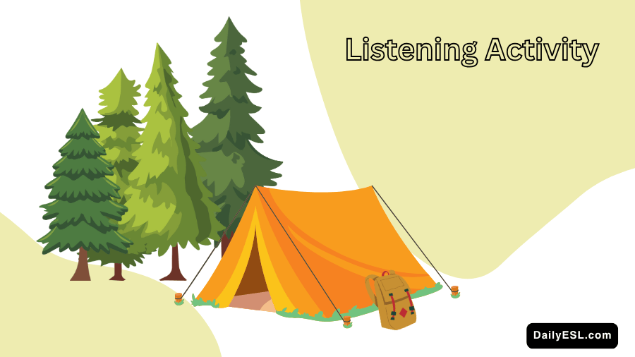 A backpack leaning on a tent in front of some evergreen trees.