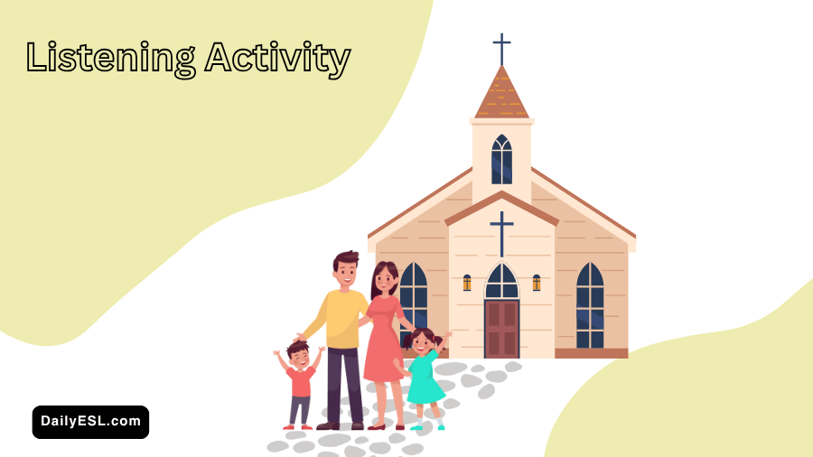 A family in front of a church building