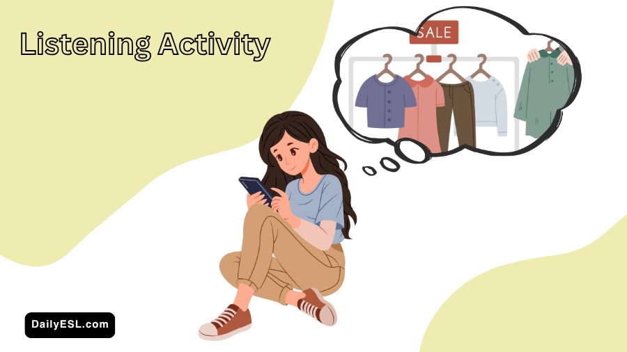 A feminine person sitting on the floor looking at their phone.  There is a thought bubble with an image of clothing on a sale rack.