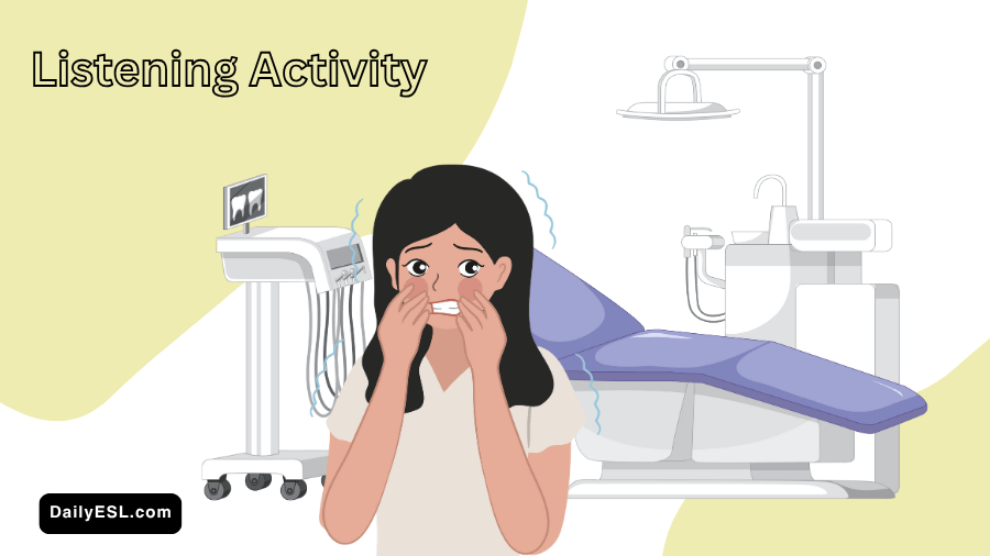 Feminine person trembling in fear in front of a dentist chair.