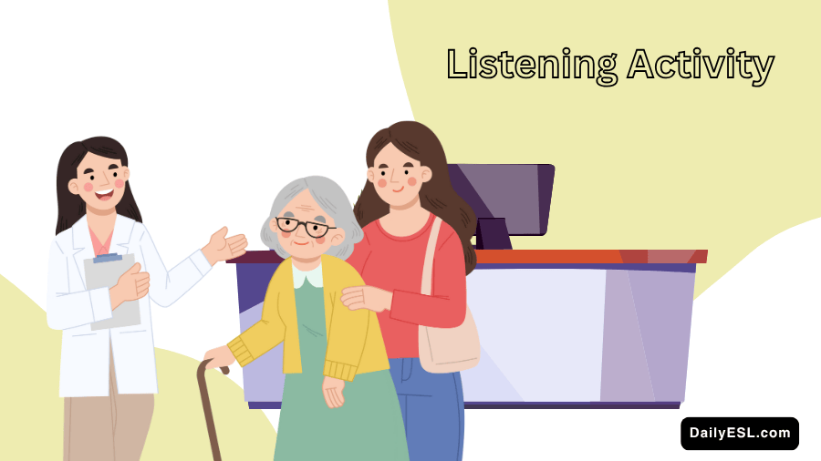 Doctor talking to an older person and a young person in front of a check-in counter.