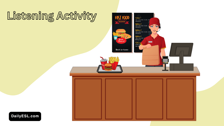 Fast food worker behind a counter holding a bag of food.