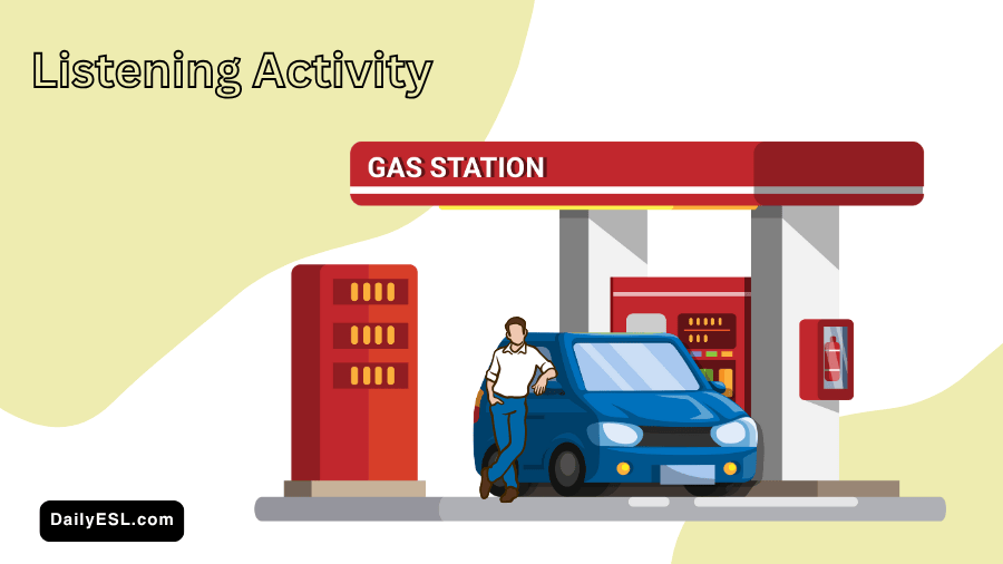 Person leaning on a car at a gas station.