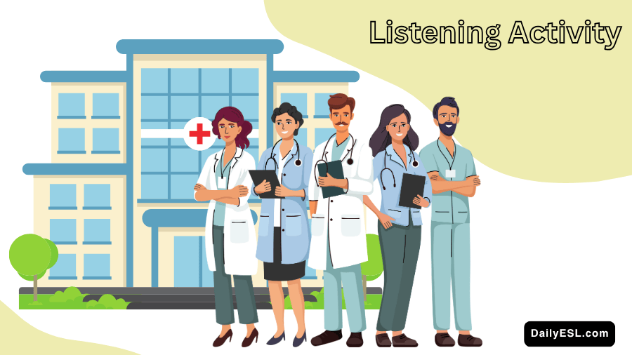 A group of hospital workers standing in front of a hospital