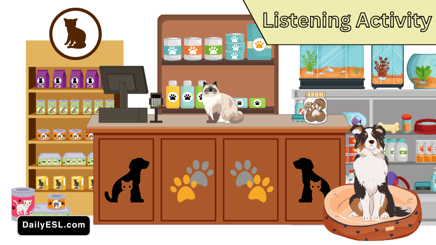 Interior of a pet store showing both a dog and a cat.