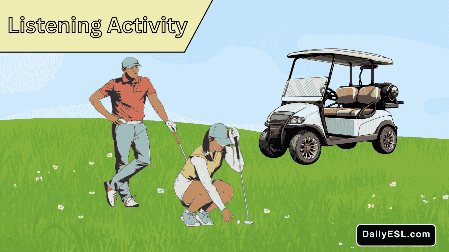 Two people on a golf course.  One has crouched down and is positioning a ball.  There is a golf cart in the background.