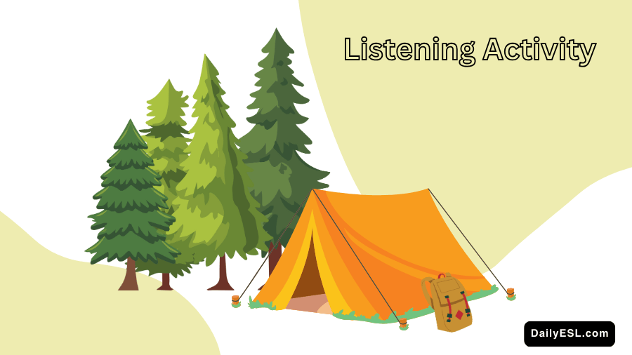 A backpack leaning on a tent in front of some evergreen trees.