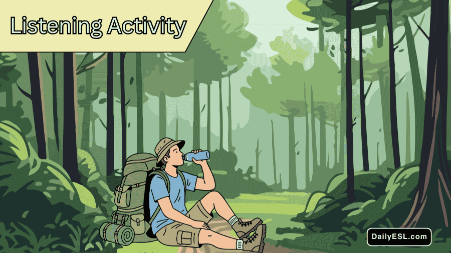 A man sitting down drinking water on a hiking trail