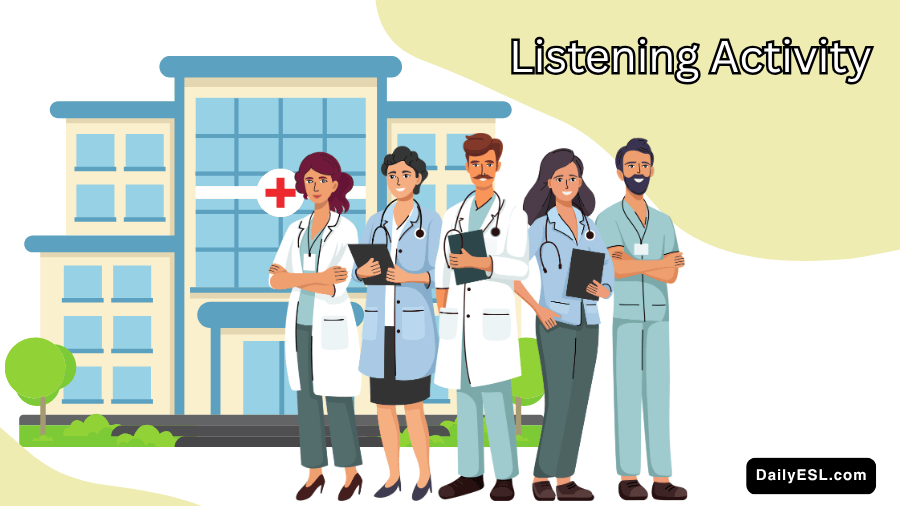 A group of hospital workers standing in front of a hospital