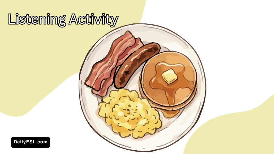 Plate with eggs, pancakes, bacon, and a sausage link. 
