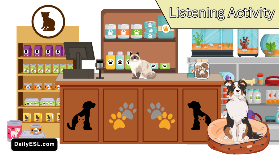 Interior of a pet store showing both a dog and a cat.