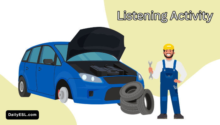 A mechanic with a wrench standing by a car that is being repaired. There is also a pile of tires.