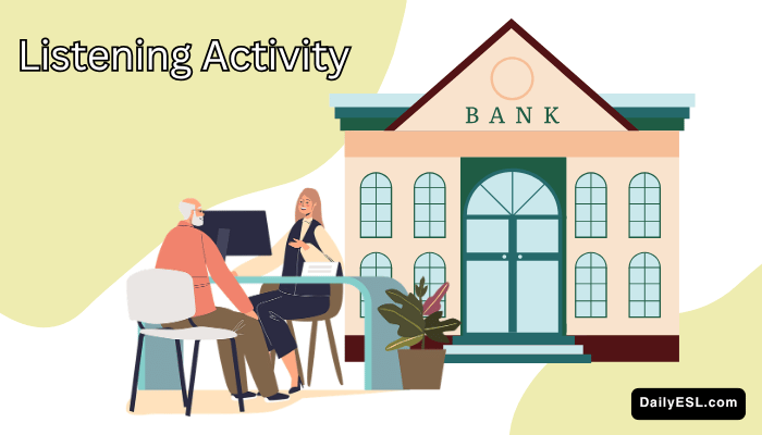A banker helping a man at a desk with a bank building behind them.