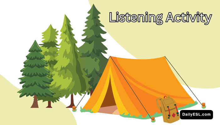 A backpack leaning on a tent in front of some evergreen trees.