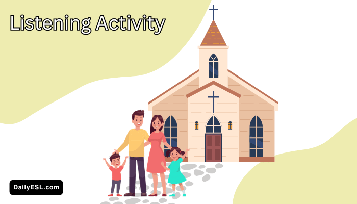 A family in front of a church building