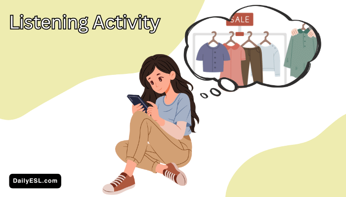 A feminine person sitting on the floor looking at their phone.  There is a thought bubble with an image of clothing on a sale rack.