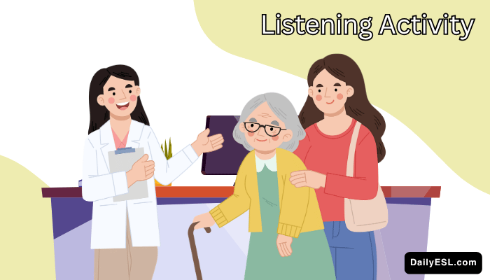 Doctor talking to an older person and a young person in front of a check-in counter.