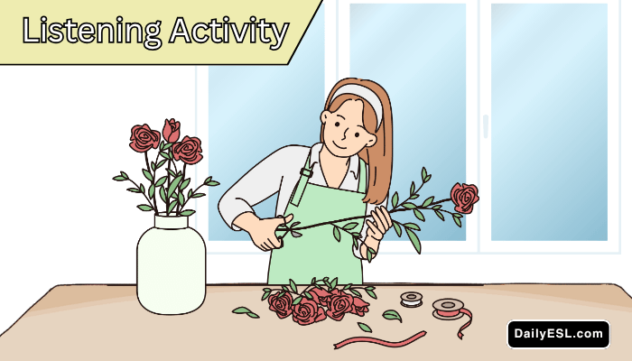 Florist trimming the stem of a rose next to a pot of roses.