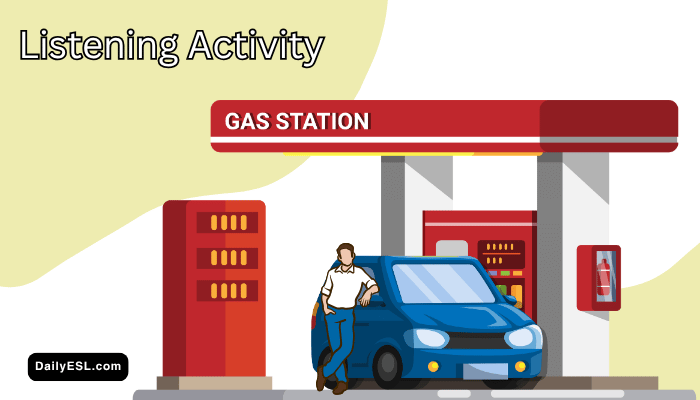 Person leaning on a car at a gas station.