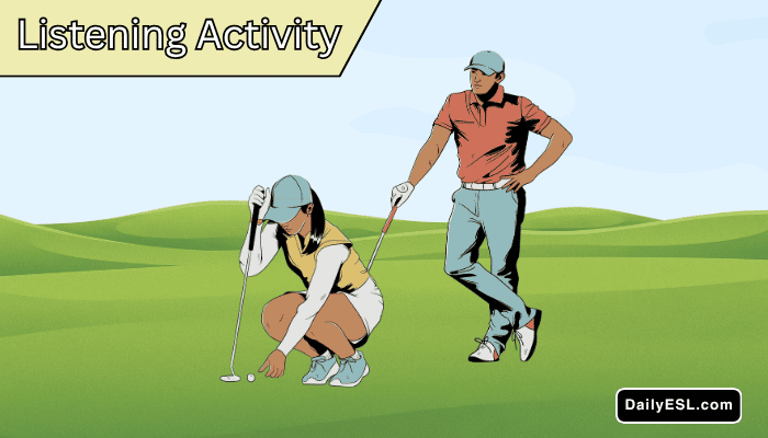 Two people on a golf course.  One has crouched down and is positioning a ball.  There is a golf cart in the background.