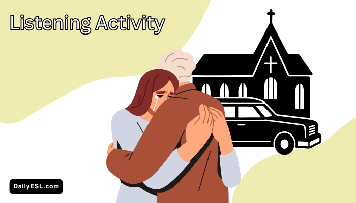 Two people hugging in front of a hearse and a chapel.