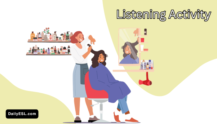 A feminine person sitting in a salon chair having their hair cut.